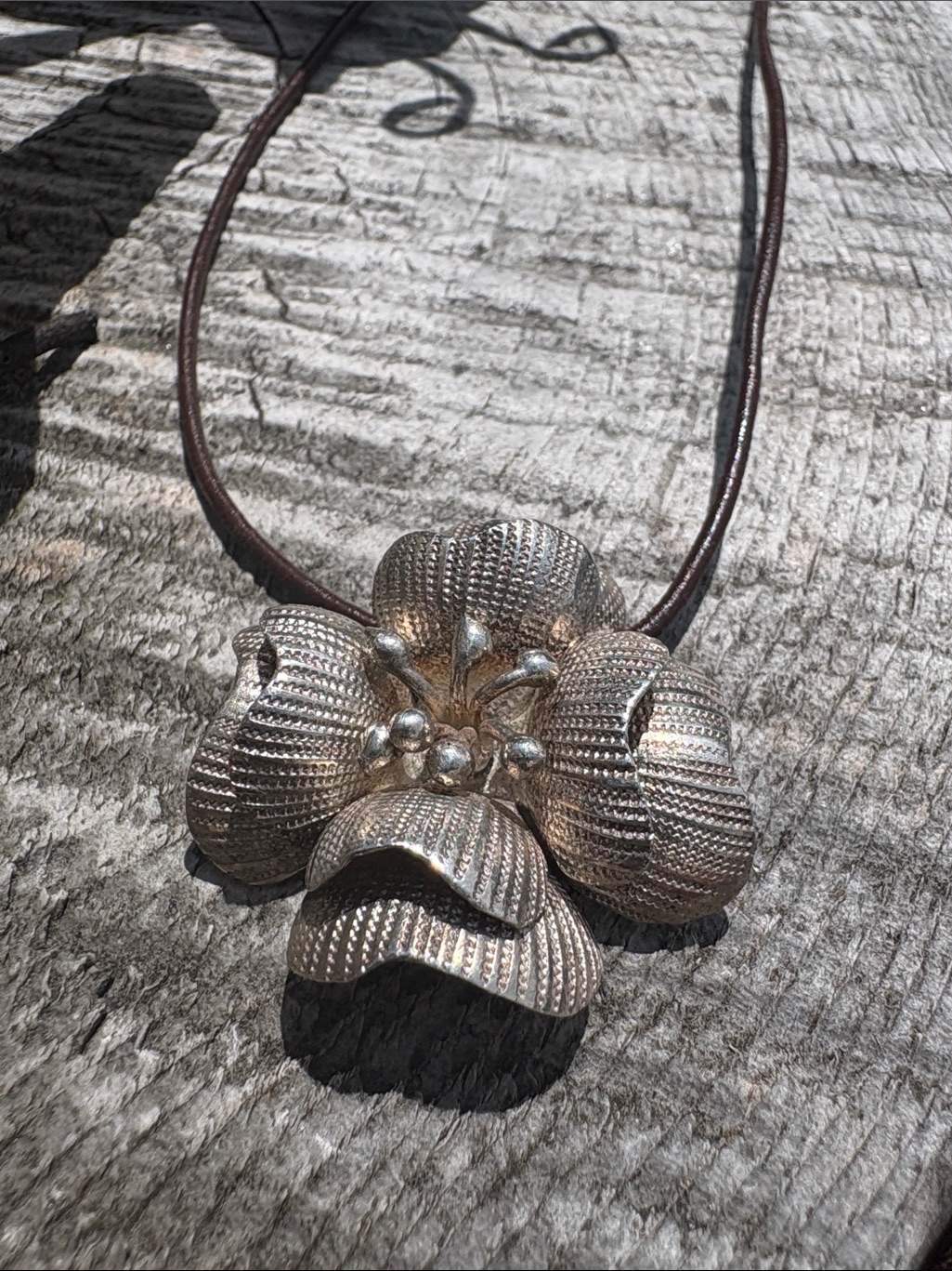 Vintage Pure Silver Floral Pendant Necklace With Brown Cord